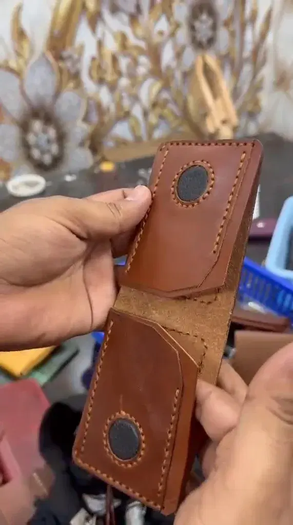 Cognac Circle-Inlay Gold-Stitch Bifold — leather product photo 2 of 4
