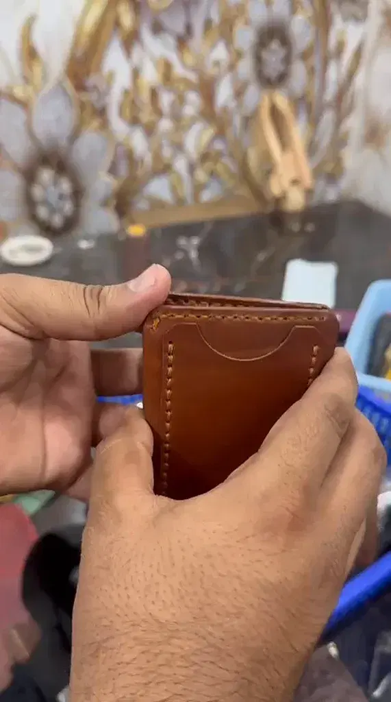 Cognac Circle-Inlay Gold-Stitch Bifold — leather product photo 4 of 4