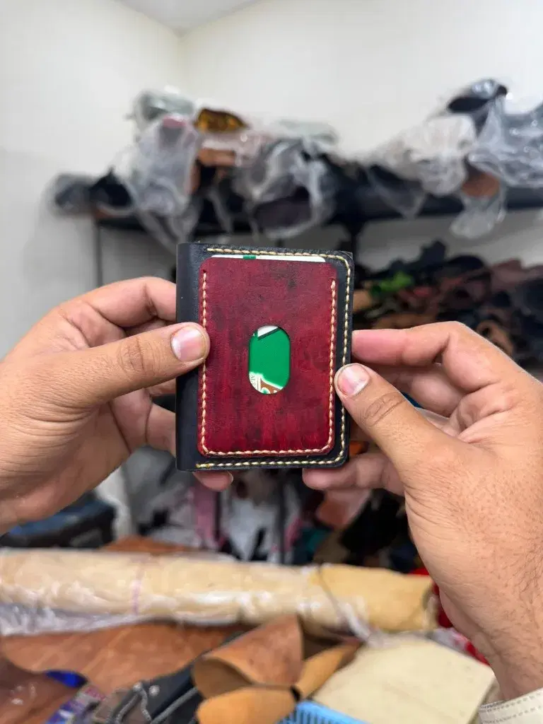 Black Burgundy Cream-Stitch Card Holder —  Black / Burgundy leather product — leather product photo 1