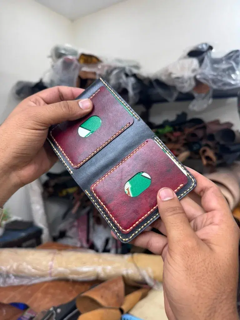 Black Burgundy Cream-Stitch Card Holder —  Black / Burgundy leather product — leather product photo 2