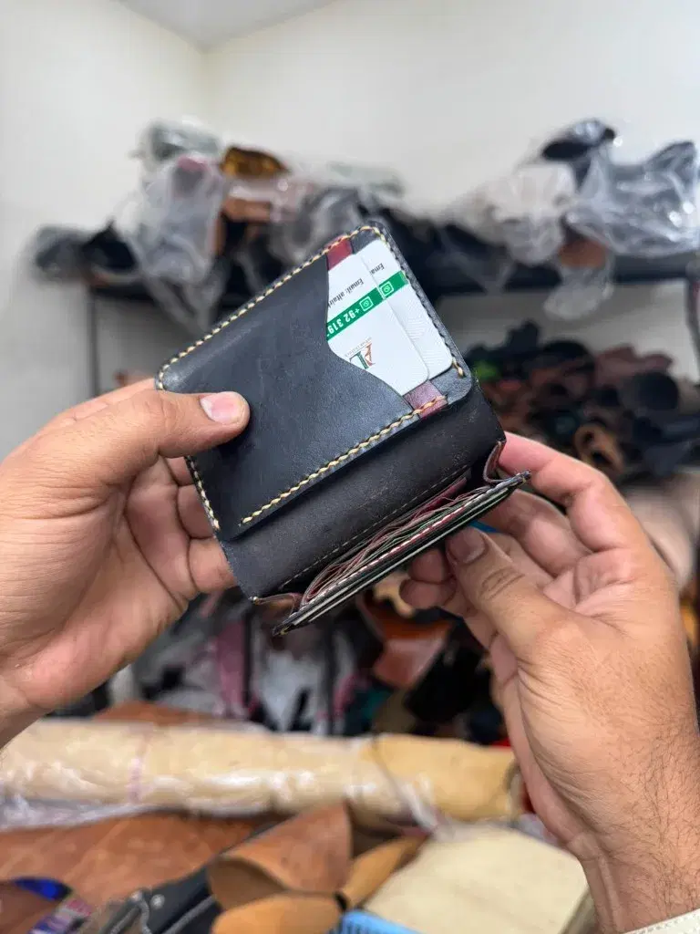 Black Burgundy Cream-Stitch Card Holder —  Black / Burgundy leather product — leather product photo 4