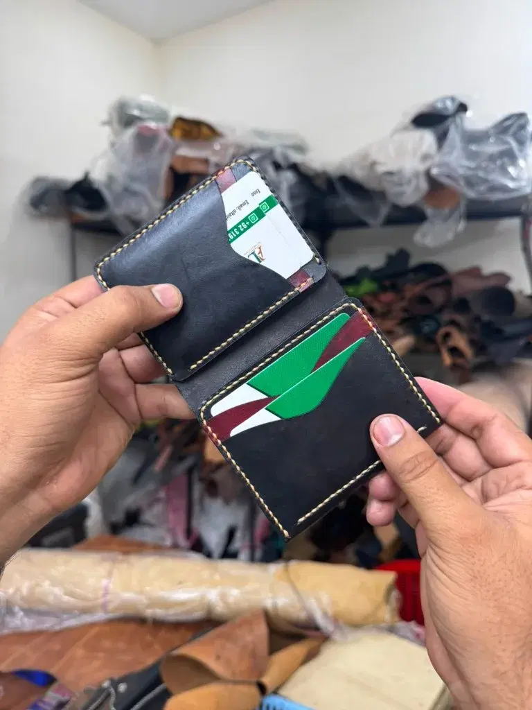 Black Burgundy Cream-Stitch Card Holder —  Black / Burgundy leather product — leather product photo 3