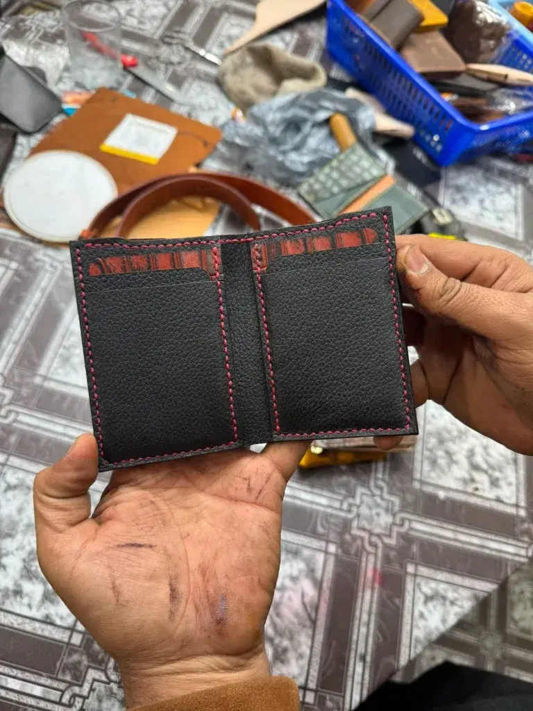 Black Oxblood Red-Stitch Card Holder —  Black / Oxblood leather product — leather product photo 1