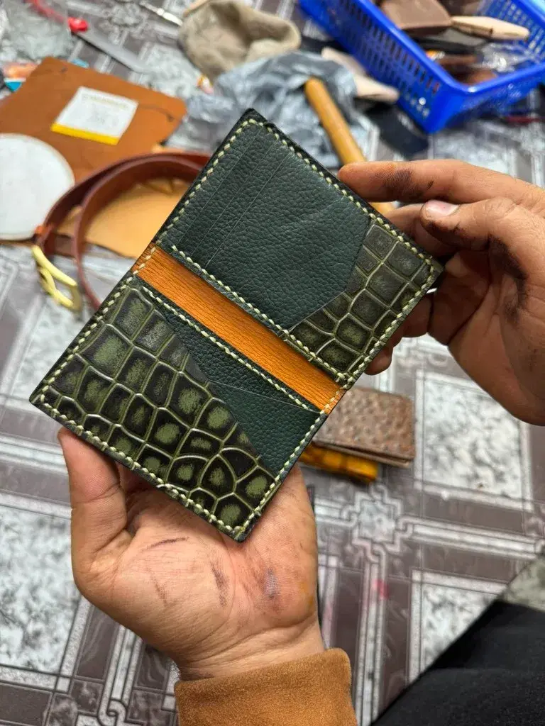 Forest Croc Orange-Spine Card Holder —  Forest Green / Orange leather product — leather product photo 2