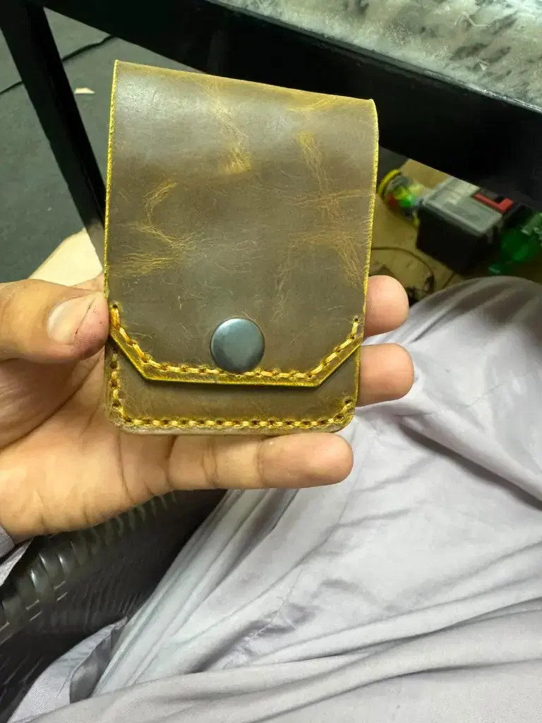 Snap Flap Distressed Card Holder —  Brown / Yellow leather product — leather product photo 1