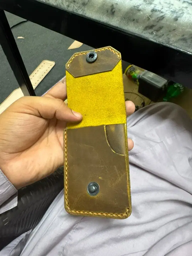 Snap Flap Distressed Card Holder —  Brown / Yellow leather product — leather product photo 2