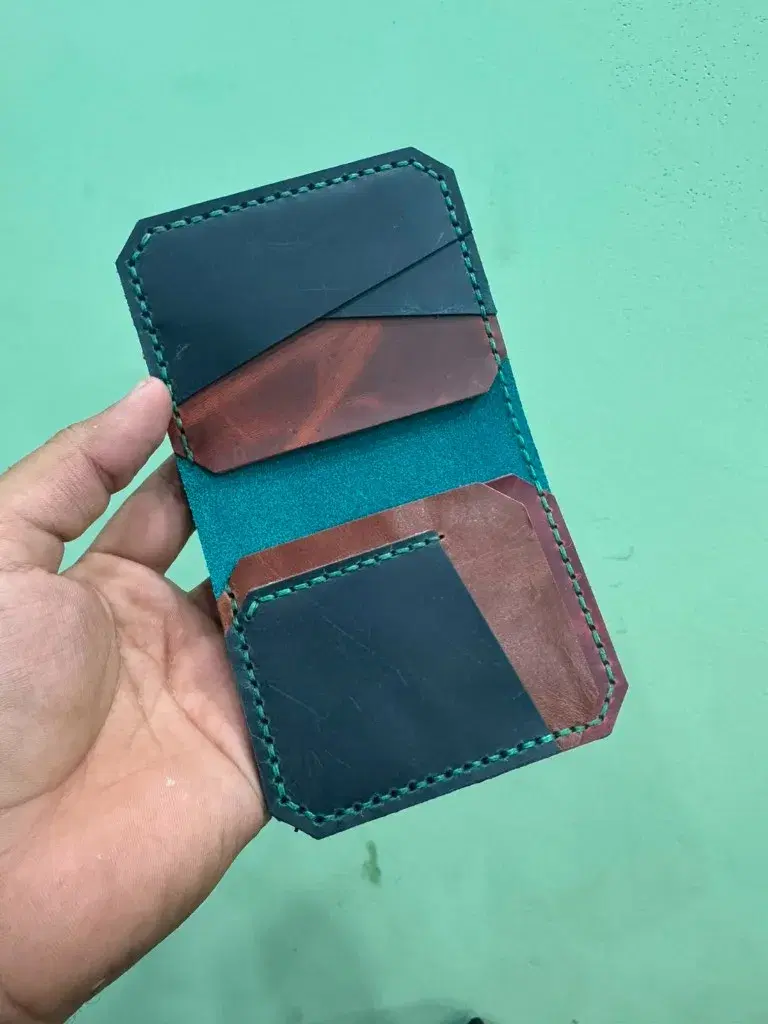 Teal Tri-Color Diagonal Card Holder —  Teal / Green / Mahogany leather product — leather product photo 1