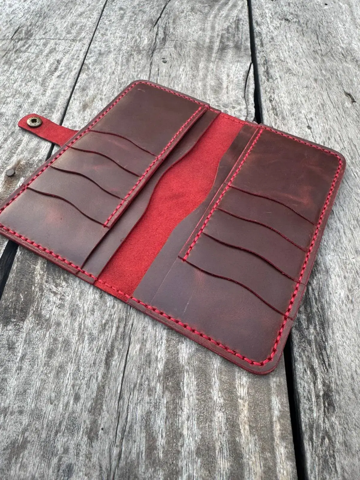 Brown Red Contrast Long Wallet —  Brown / Red leather product — leather product photo 1