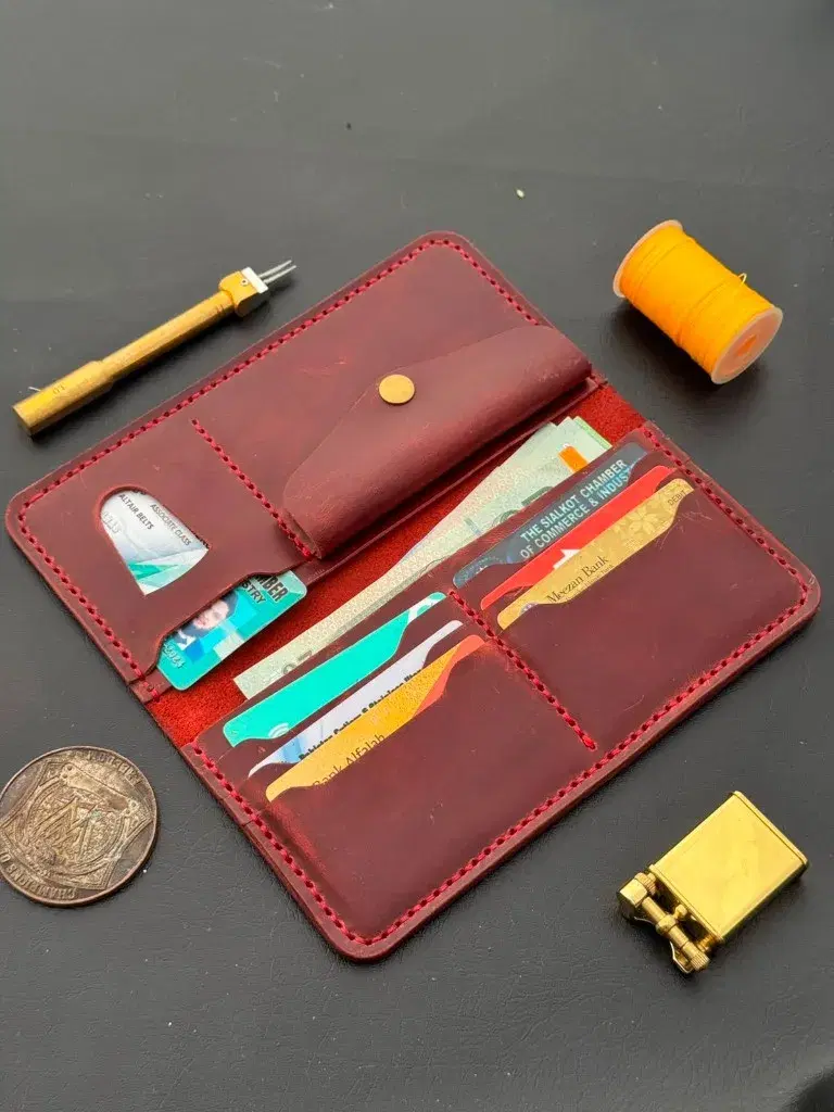 Burgundy Snap Pocket Handcrafted Long Wallet —  Burgundy leather product — leather product photo 1
