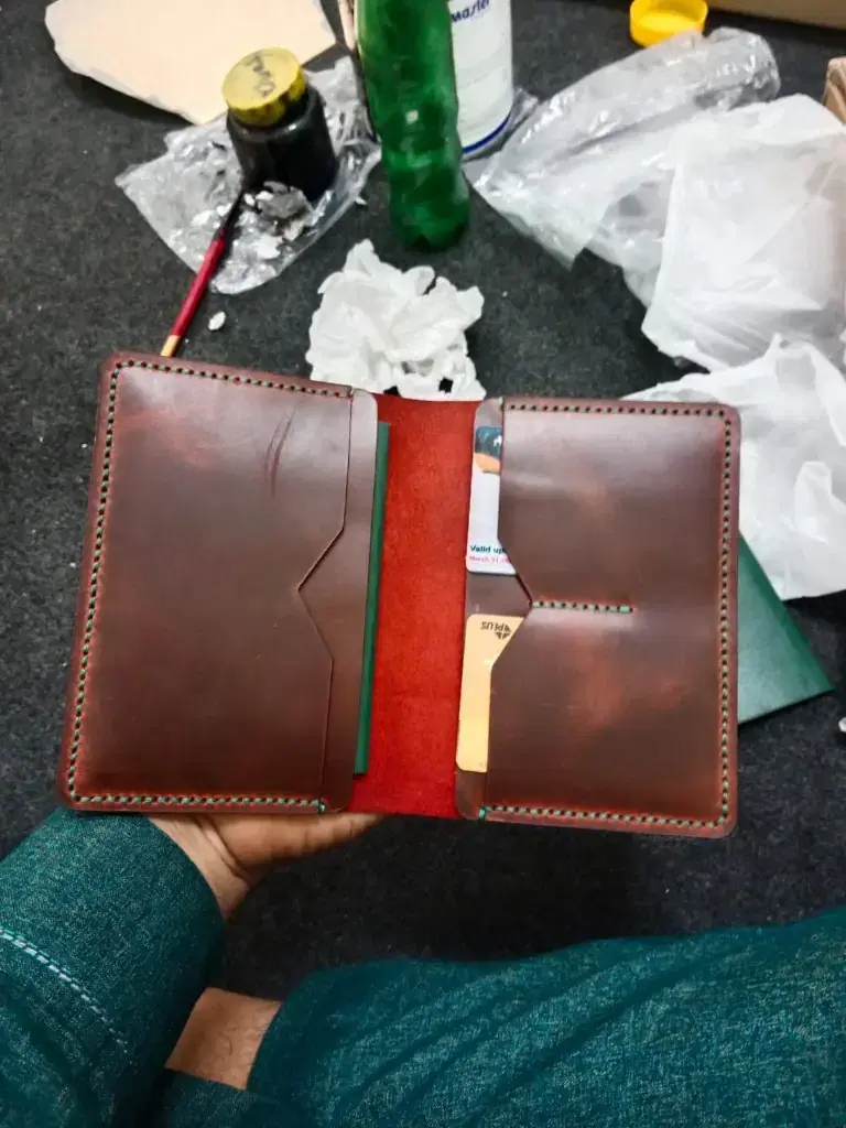 Cognac Green Stitch Long Wallet —  Cognac / Green leather product — leather product photo 1