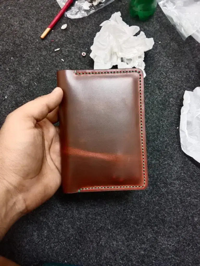 Cognac Green Stitch Long Wallet —  Cognac / Green leather product — leather product photo 2