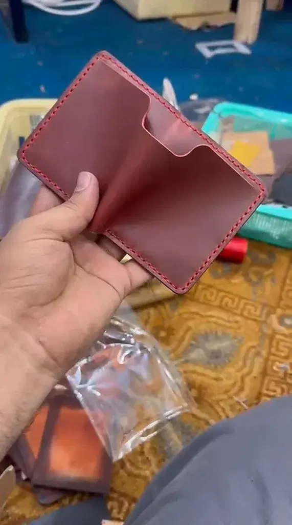 Burgundy Wave-Slot Red-Stitch Card Holder — leather product photo 3 of 4