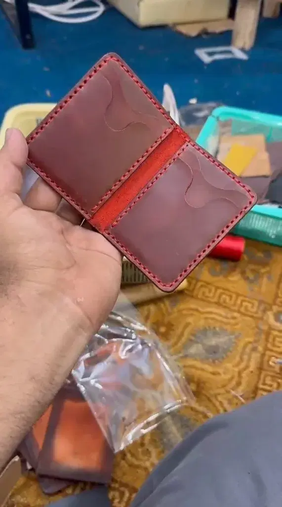 Burgundy Wave-Slot Red-Stitch Card Holder — leather product photo 1 of 4