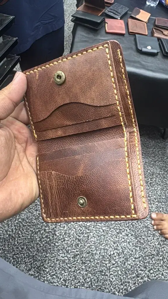 Rustic Brown Yellow-Stitch Snap Card Holder — leather product photo 1 of 2